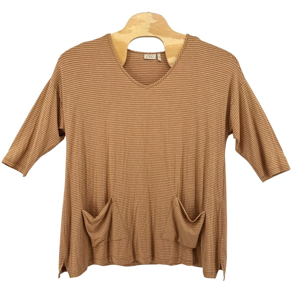LOGO Lori Goldstein Womens 1X Tan Striped V-Neck 3/4 Sleeve Pocket Tunic Top